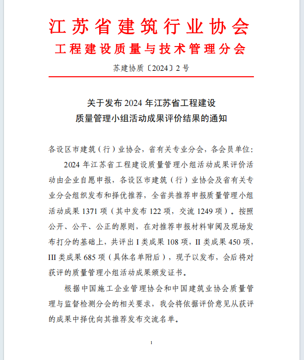 【喜讯】集团公司多项qc成果荣获2024年江苏省建设质量管理小组活动成果奖、多项工法被评为江苏省省级工法